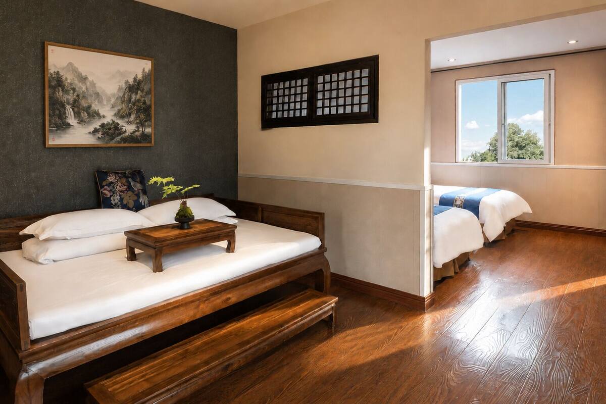 A bedroom with a large bed, a smaller bed, a wooden bench, a painting, a window, and a view of greenery.