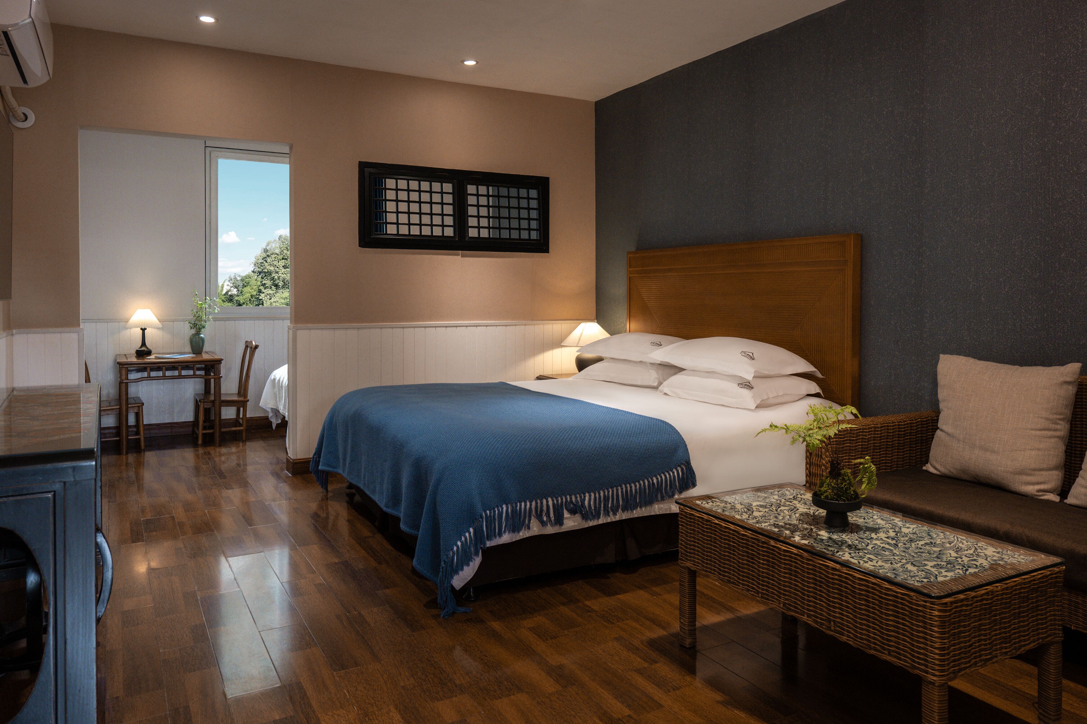 A hotel room with a bed, a sofa, a small table with a plant, a window, and a wall-mounted shelf.