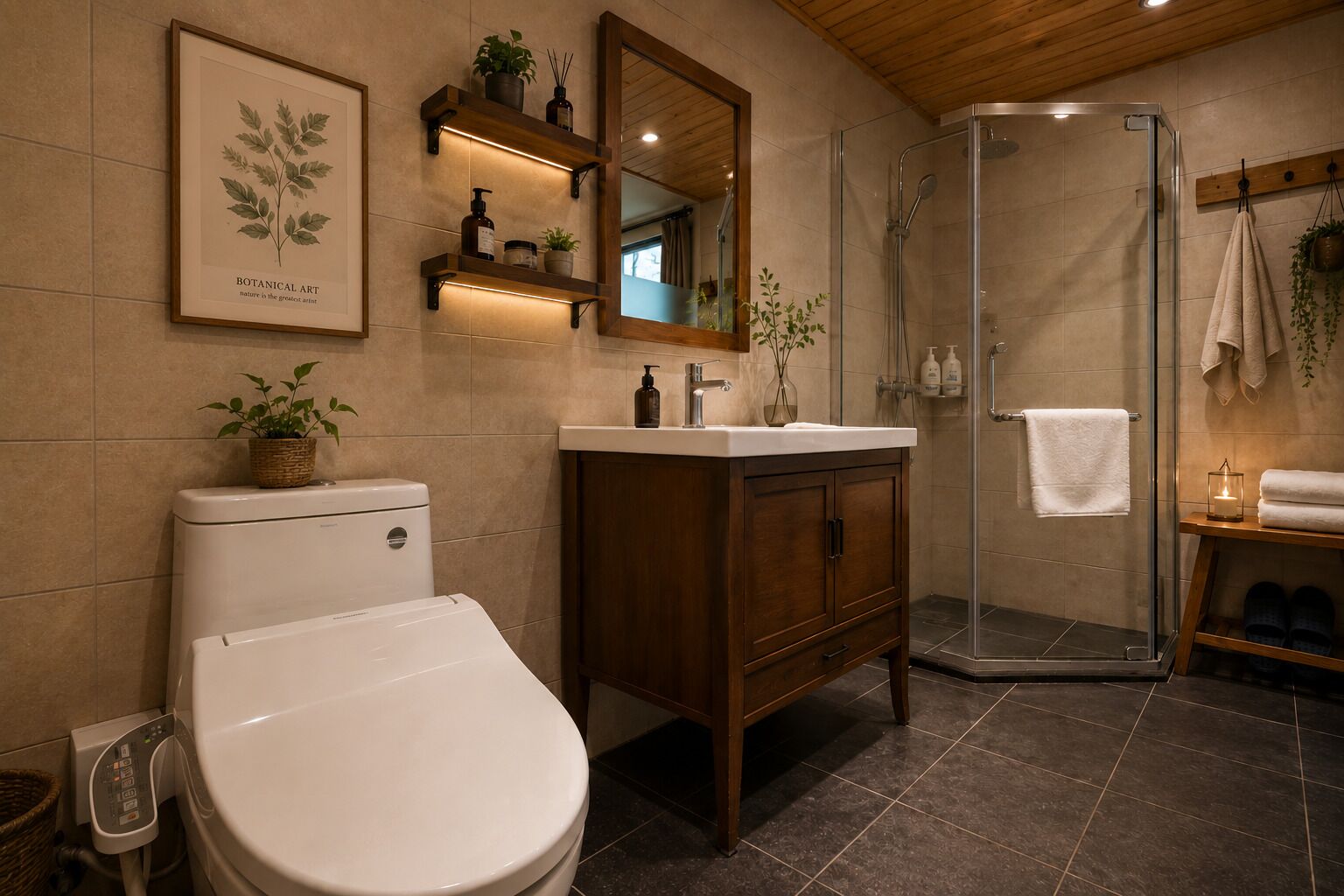 Ein Badezimmer mit Toilette, Waschtisch, Spiegel, Dusche und einem botanischen Kunstdruck im Bilderrahmen.