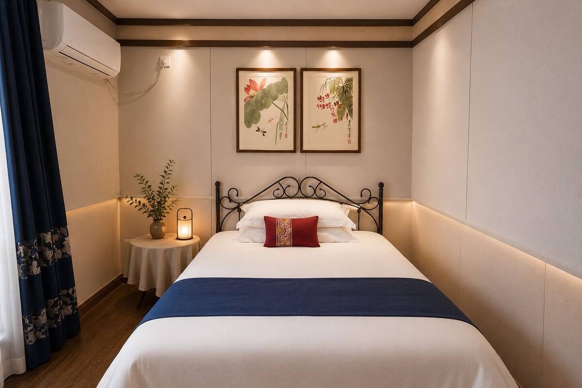 A neatly made bed with a blue bedspread, a red pillow, and two framed botanical prints on the wall above.
