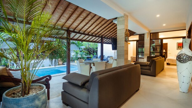A modern living area with a pool, outdoor seating, and a large potted plant.