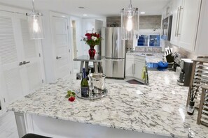 A modern kitchen with a marble countertop, stainless steel appliances, and a vase with flowers. - Stylish & Modern Apt  Shaw PKING! (Washington)