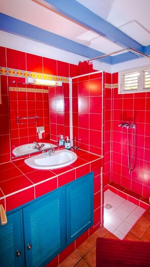 Shower, hair dryer, towels, toilet paper