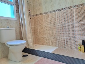 Bathroom features a tiled shower area with a geometric pattern and a separate toilet.