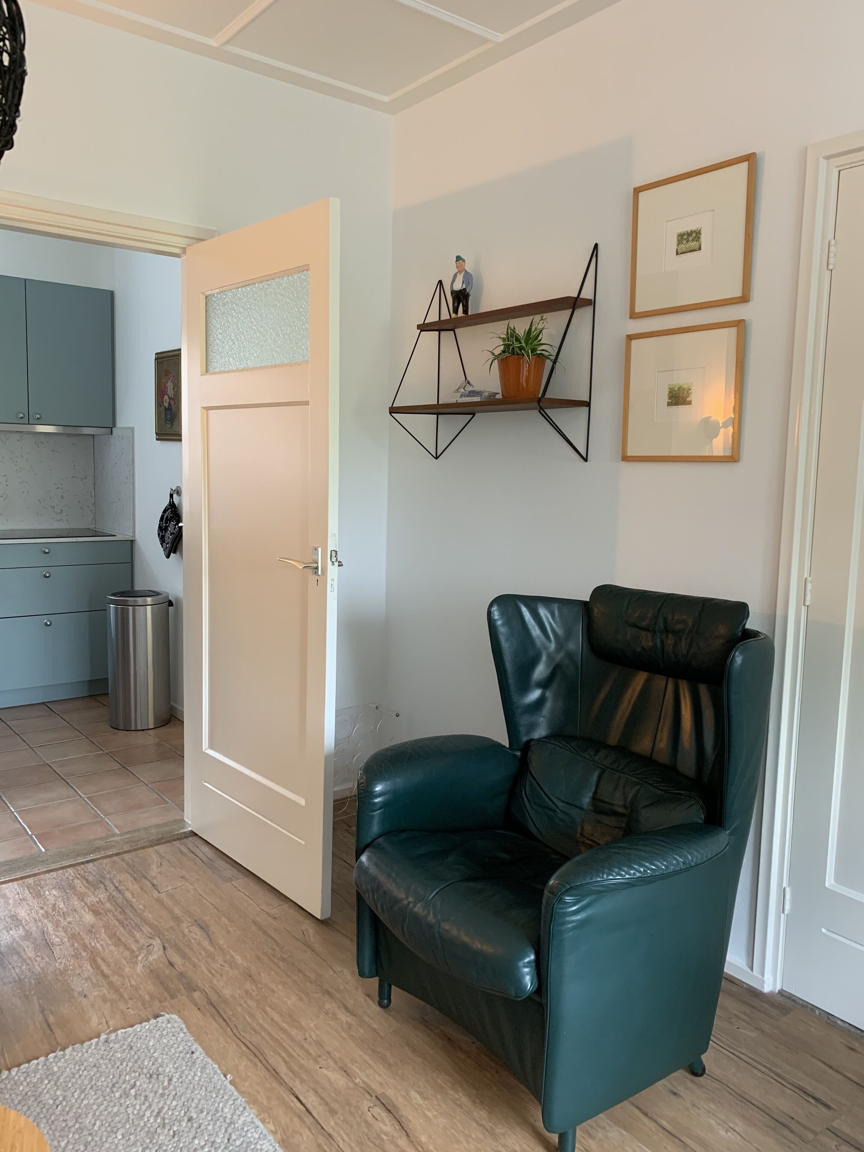 Une pièce avec un fauteuil en cuir turquoise, un plancher en bois, une porte blanche, une cuisine à l’arrière-plan et une étagère murale ornée d’une plante.