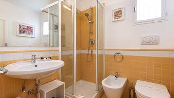 Shower, hair dryer, bidet, towels