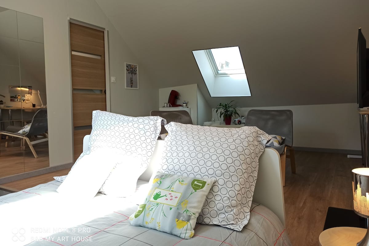 Un dormitorio moderno con cama, escritorio y tragaluz.