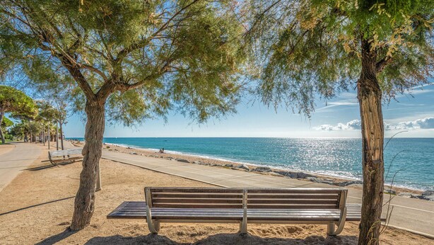 A beach with a wooden bench under trees, a clear sky, and the ocean in the background. - 2 bedroom beautiful apartment in Pineda de Mar (Pineda de Mar)