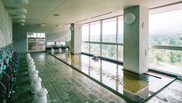 Una amplia piscina interior con vistas al paisaje a través de grandes ventanales.