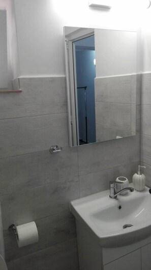A bathroom with a white sink, a mirror, and a toilet.
