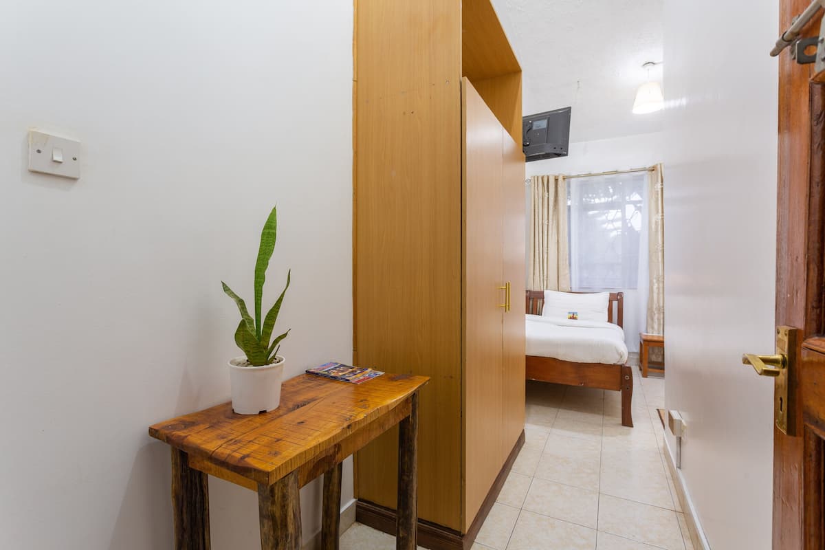 A compact hotel room with a wooden bed, a small bedside table with a plant, and a television mounted on the wall.