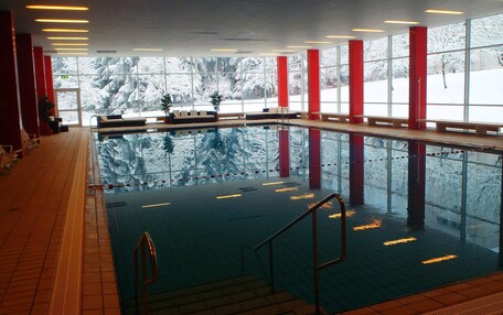 An indoor swimming pool with clear glass walls, red pillars, and a view of snow-covered trees outside.