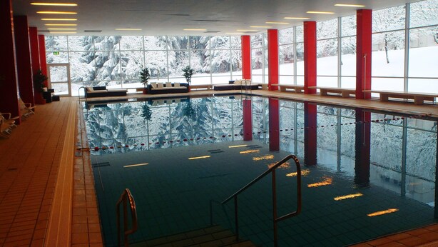 An indoor swimming pool with clear glass walls, red pillars, and a view of snow-covered trees outside.