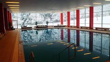 Indoor pool, open 3:00 PM to 7:00 PM, sun loungers