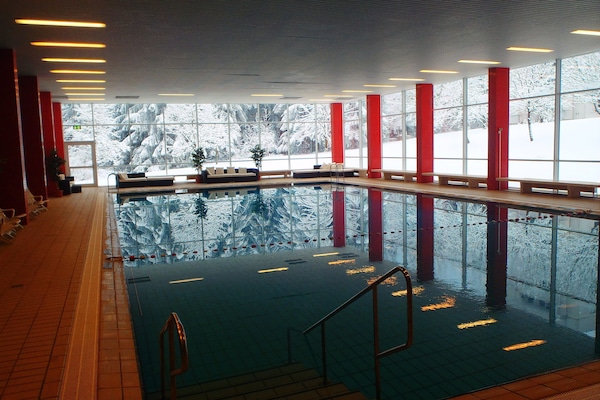 Indoor pool, open 3:00 PM to 7:00 PM, sun loungers