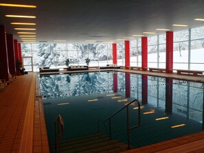 Indoor pool, open 3:00 PM to 7:00 PM, pool loungers