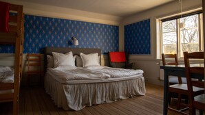 A bedroom with a bunk bed, a desk, and a chair.