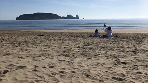 Una playa arenosa con huellas, cielo despejado y una isla rocosa a lo lejos.