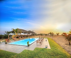 Un área de piscina con sillones de descanso y sombrillas, rodeada de palmeras y una playa.
