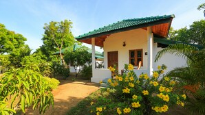 Une petite maison blanche avec un toit vert, entourée d’une végétation luxuriante et de fleurs jaunes.