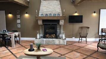 Télévision, cheminée, chaîne hi-fi