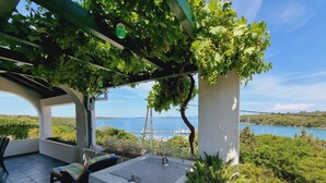 Ein überdachter Außenbereich mit Steinmauern, Meerblick und einer Pergola mit Weinreben.