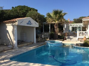 Seasonal outdoor pool, sun loungers