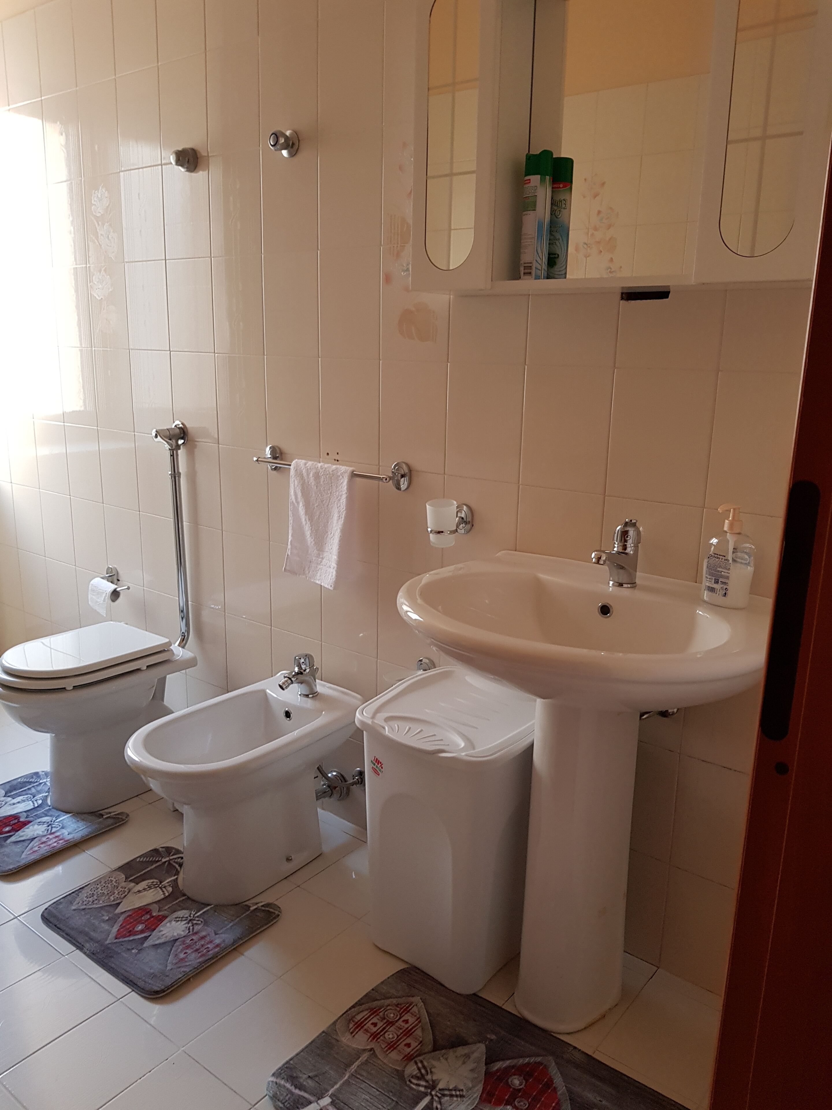 A bathroom with a toilet, sink, and mirror. There is a towel rack and a bottle of hand soap on the counter.