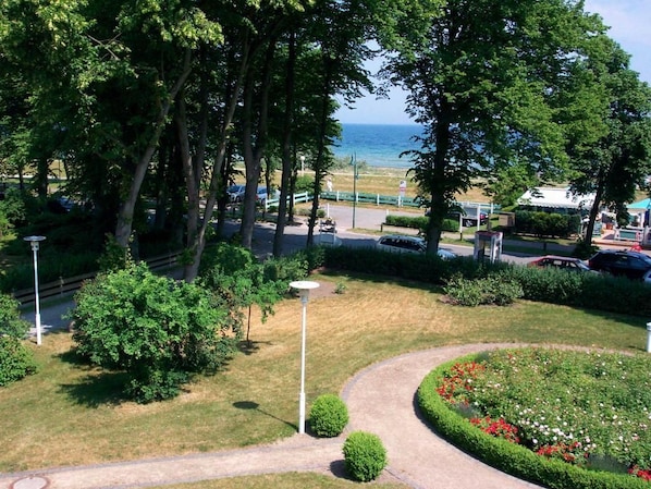 Ein angelegter Garten mit einem Weg, Bäumen und Blick aufs Meer.