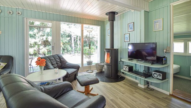 A cozy living room with a fireplace, leather sofa, and a television. - 3 bedroom beautiful home in Ans By (Ans By)