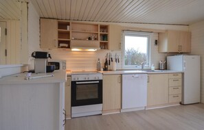 Fridge, stovetop, dishwasher, coffee/tea maker