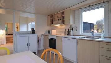 Fridge, stovetop, dishwasher, coffee/tea maker