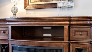 A fireplace with a glass screen, a framed floral artwork above it, and a decorative birdcage on the mantel. - The Evergreen Home In Lancaster County PA. (Bird in Hand)
