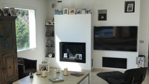Moderni olohuone, jossa on takka, suuri taulutelevisio ja kirjahylly, joka on täynnä kehystettyjä valokuvia.