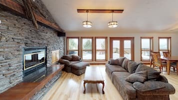 TV, fireplace, books, music library