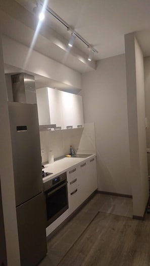 Apartment (Cozy) | Private kitchen | Fridge, microwave, oven, stovetop - Sol's M2 White Modern Apartments (Tbilisi)