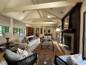 Smart TV, fireplace, DVD player, books