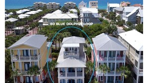 A coastal residential area with multiple two-story houses, some with balconies, and a clear view of the ocean in the background. - Stay directly on 30A! Beautiful Beach House with private courtyard and panoramic views! Short walks to beach, pool, Rosemary and Alys! (Panama City Beach)