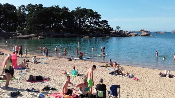 A beach with people sunbathing and swimming, surrounded by trees and rocks.