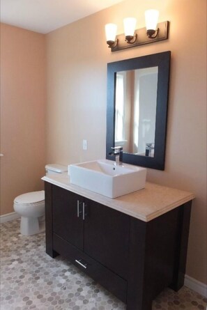 Combined shower/bathtub, hair dryer, towels, soap