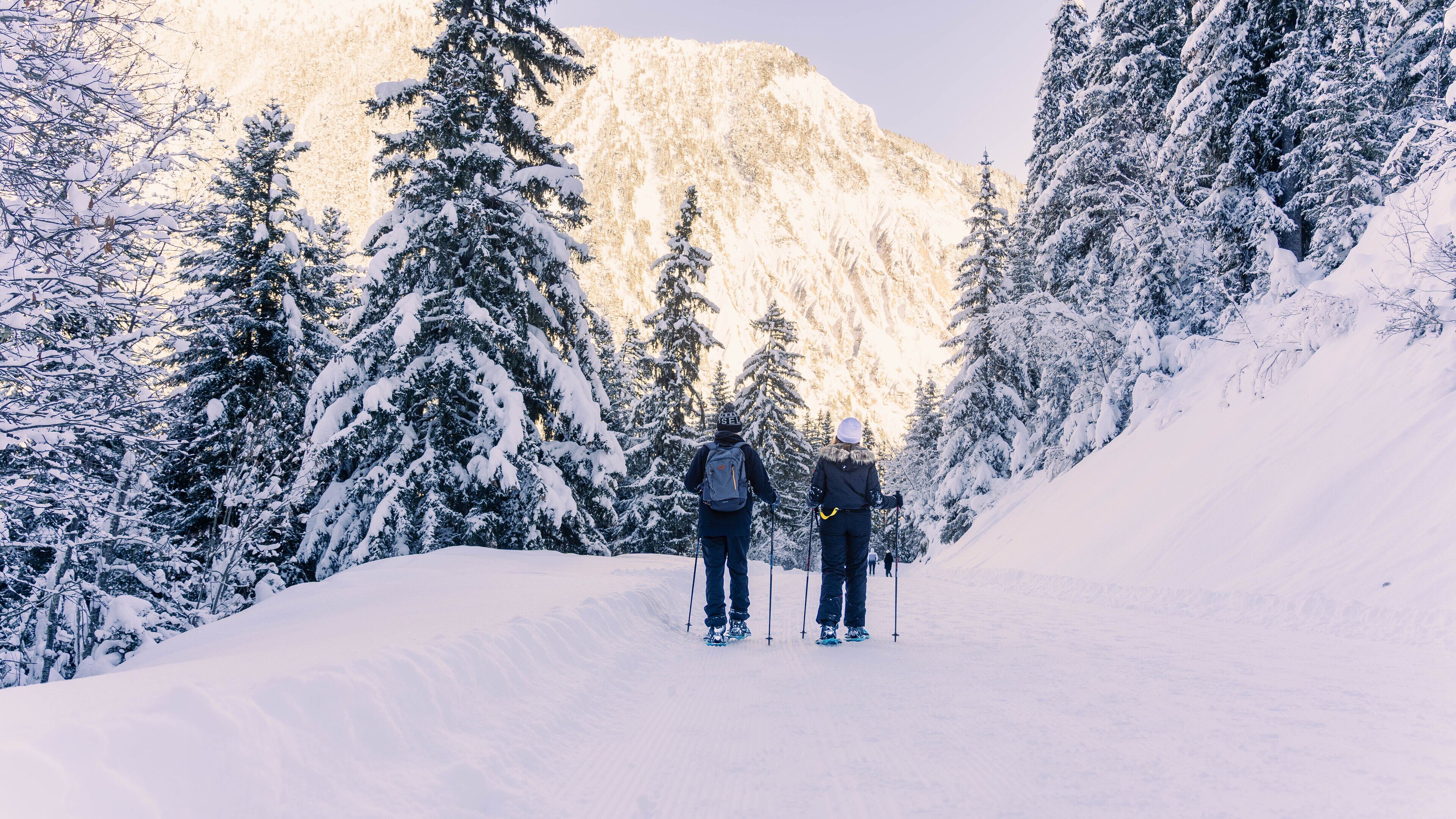 Un sentier de montagne enneigé avec deux skieurs.