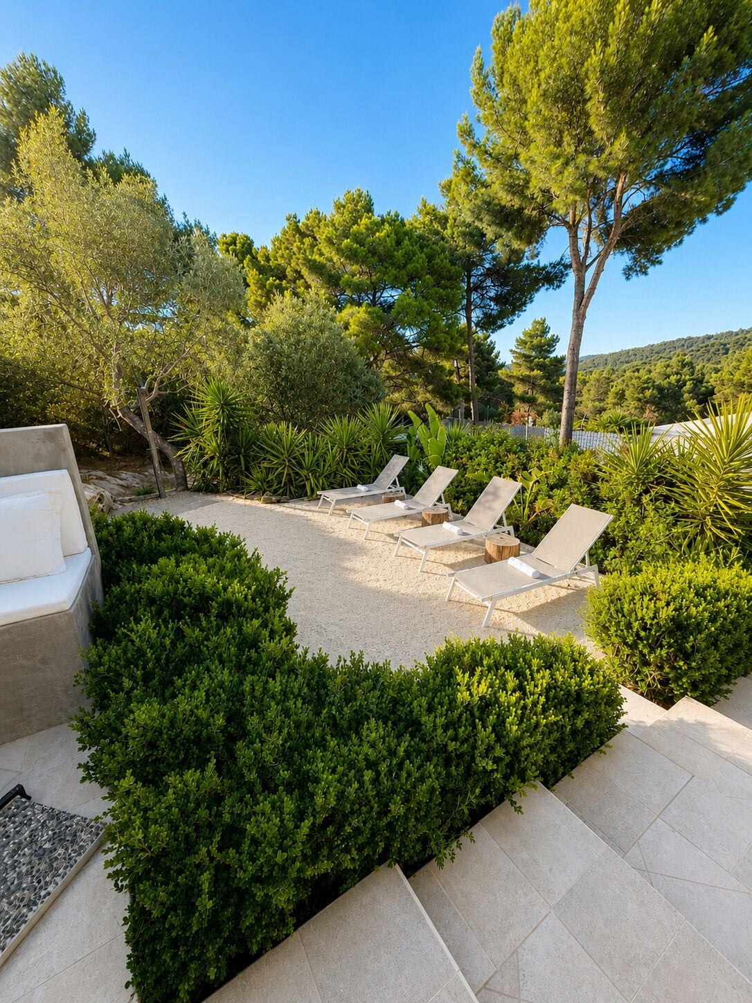 A landscaped outdoor area with lounge chairs, a sofa, and a variety of shrubs and trees.