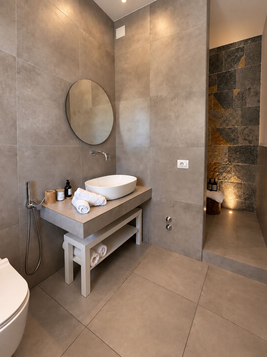 A modern bathroom with a round mirror, a white sink, and a shower area.