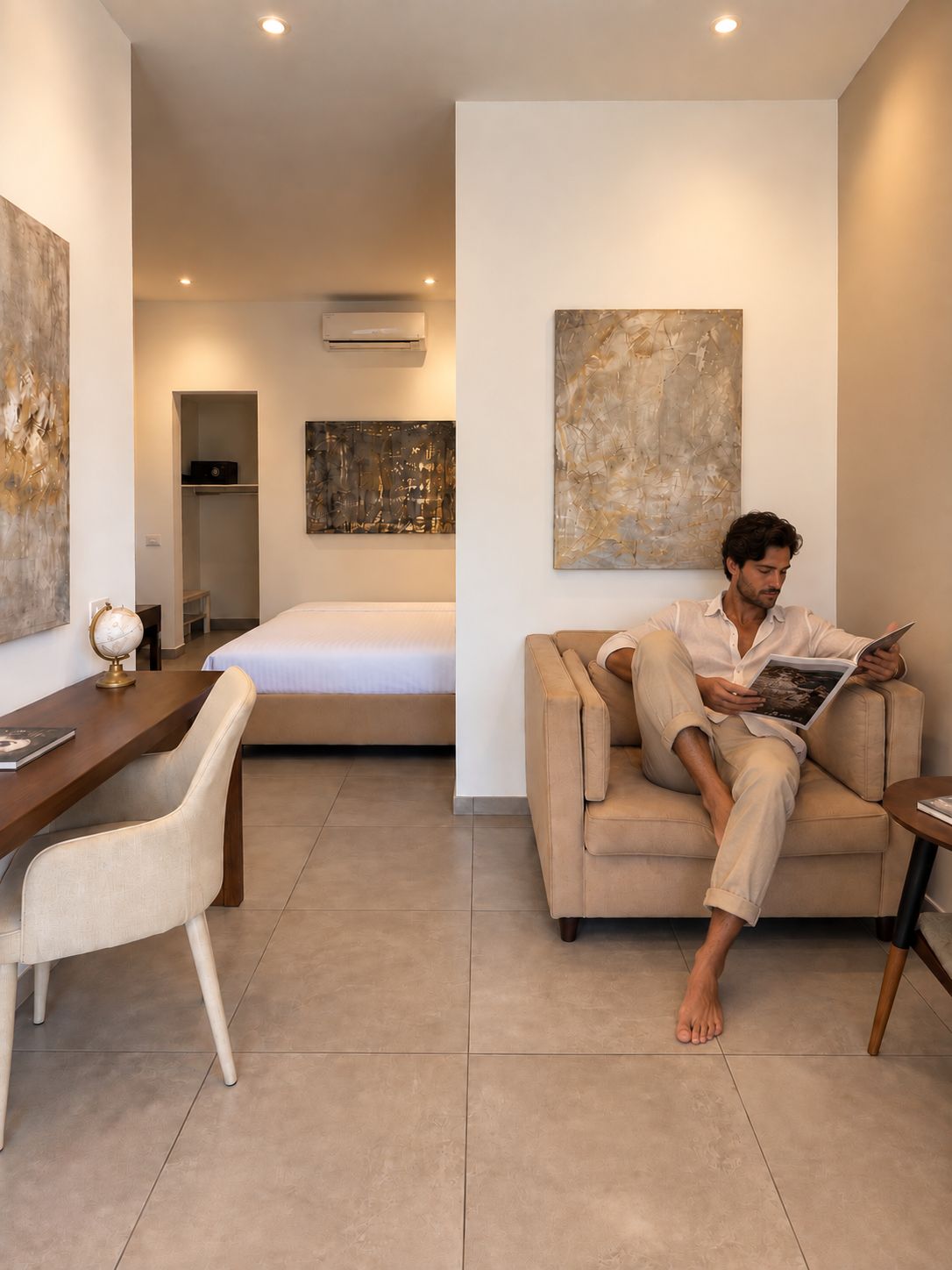 A modern hotel room with a bed, a sitting area with a table and chair, and artwork on the walls.