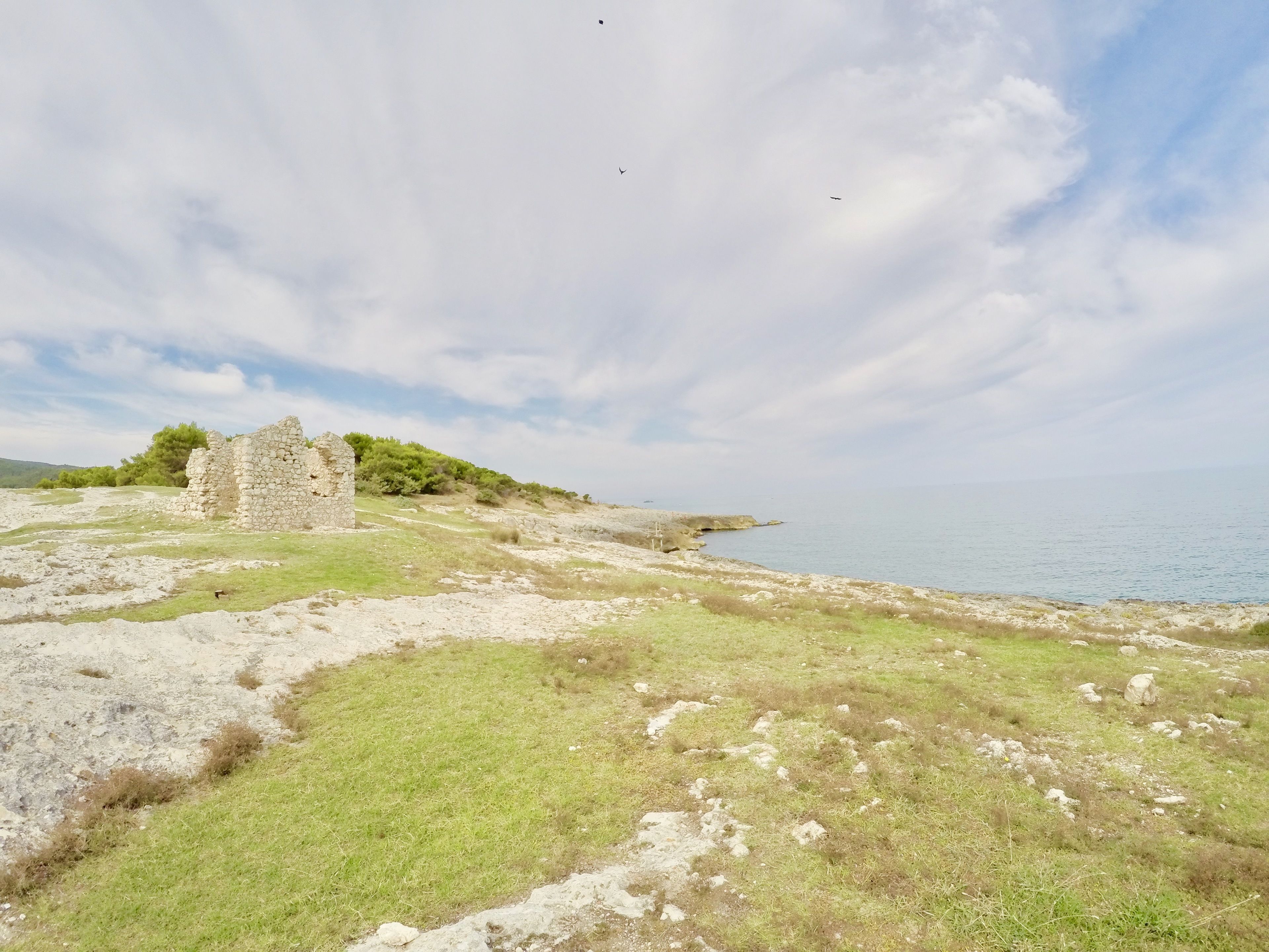 Un paisaje costero con ruinas y una zona cubierta de hierba.