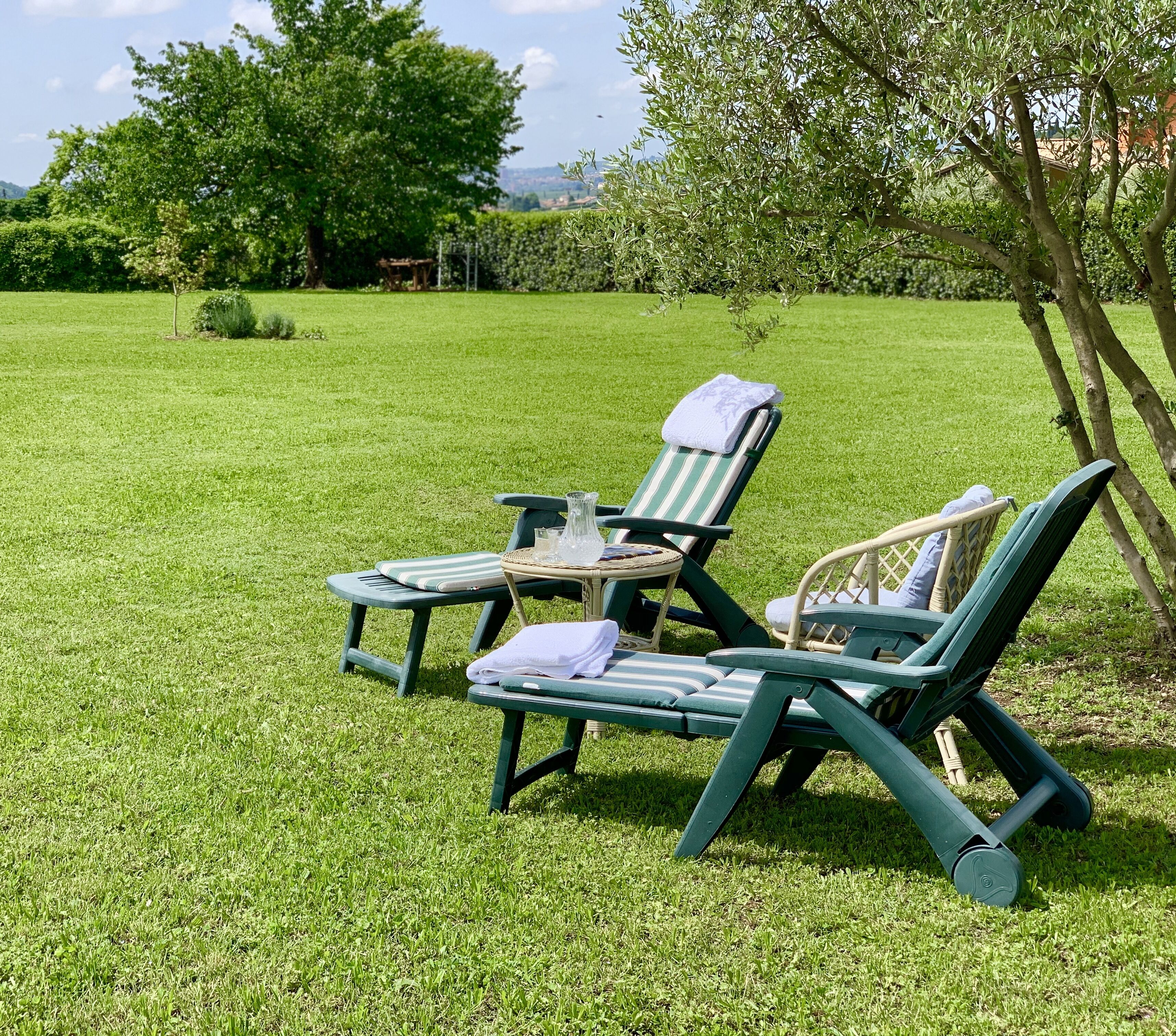 Two green lounge chairs with cushions and a small table, set on a well-maintained lawn with trees in the background.