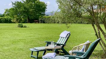 Two green lounge chairs with cushions and a small table, set on a well-maintained lawn with trees in the background.