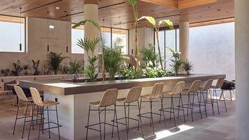 A modern bar area with a long counter, multiple bar stools, and several potted plants.