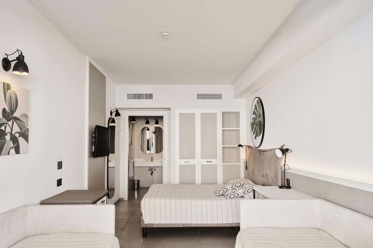 A modern bedroom with two beds, a walk-in closet, a bathroom with a mirror, and a plant on the wall.