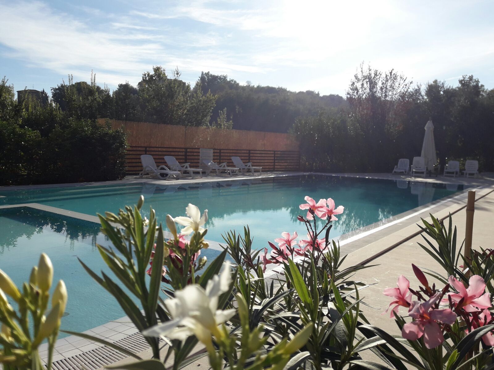 Una piscina con sillas de descanso y una valla de madera.